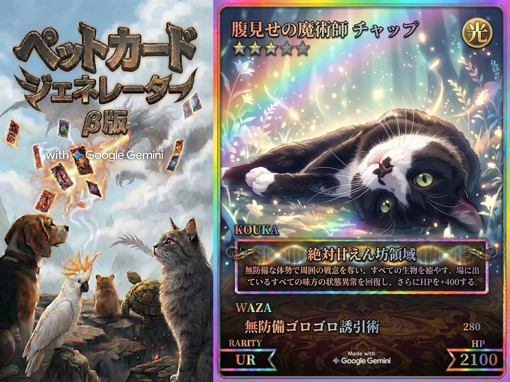 野田さんが作った「ペットカードジェネレーター」。<br />自分のペットの画像からGeminiでカードゲームが作れる。